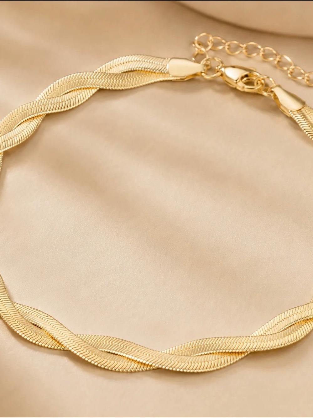 Tewiky adjustable 14K Gold plated Anklet for women dainty flat twisted chain ank